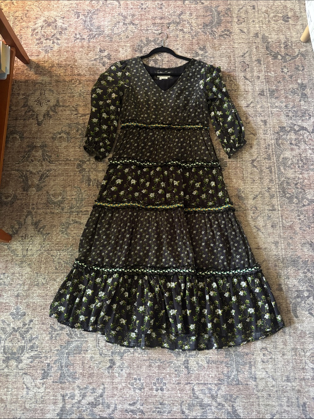 Anthropologie Black Maxi Dress with Green Floral Accents